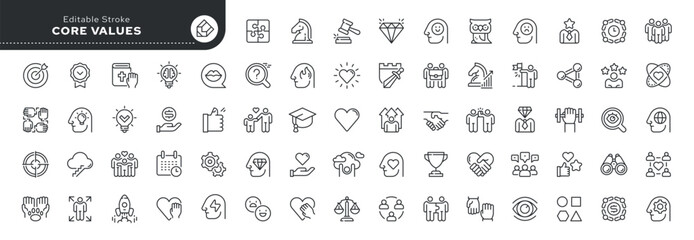 Fototapeta na wymiar Set of line icons in linear style. Series - Core values. Positive personal qualities of a person and character traits. Outline icon collection. Conceptual pictogram and infographic.