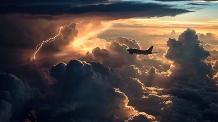 Foto auf Alu-Dibond Airplane in flight in thunder storm cloud with lightning bolt. © rabbit75_fot