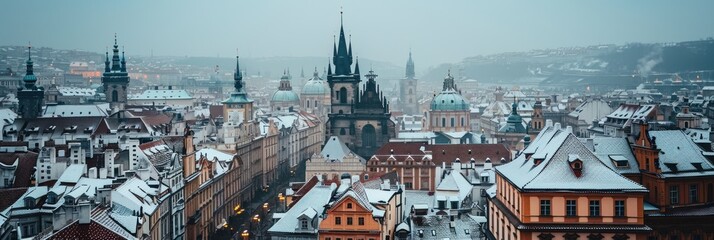 Beautiful historical buildings in winter with snow and fog in Prague city in Czech Republic in Europe. - obrazy, fototapety, plakaty