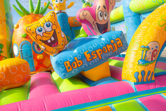 12 March 2024, Sponge Bob inflatable playground in a popular village party, Povoa de Lanhoso, braga, Portugal.