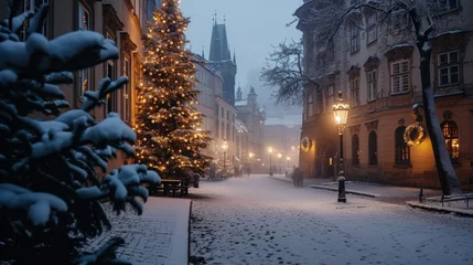 Fotobehang Holiday decoration in street with beautiful historical buildings in winter with snow and fog in Prague city in Czech Republic in Europe. © rabbit75_fot