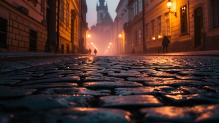 Low angle view of street with historical buildings in Prague city in Czech Republic in Europe. - 759114735