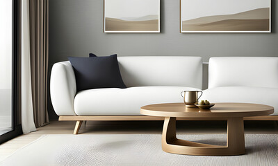 Scandinavian Modern Living Room: Round Wood Coffee Table and White Sofa