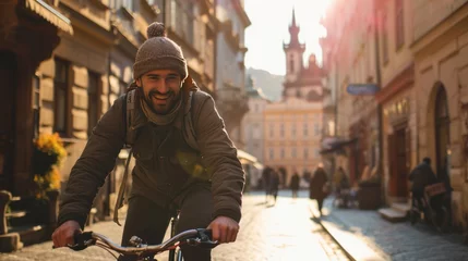 Poster Young traveler riding a bike in street with historic buildings in the city of Prague, Czech Republic in Europe. © rabbit75_fot