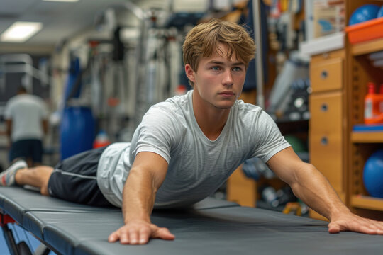 In a state-of-the-art rehabilitation center, a determined individual works on mobility exercises under expert guidance.