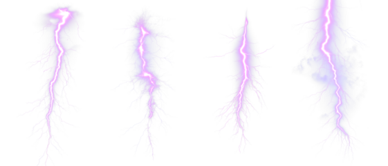 Purple Lightning bolt strike set. Isolated transparent background. Zeus, God, Jupiter, Thor, mythology concepts. Shock and energy glow. Fractal light burst flair. Fantasy glowing transparent PNG. 