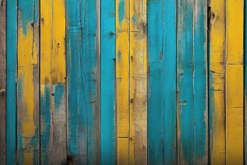 yellow and turquoise painted and black and brown old dirty weathered outdoor wood wall wooden plank board texture background with grains and structures