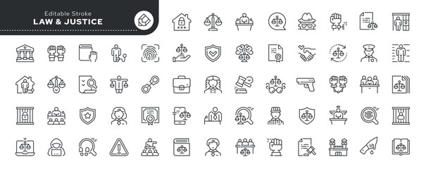 Set of line icons in linear style. Series - Law, justice and court. Arrest of the criminal, defense of the accused and verdict of punishment. Outline icon collection. Conceptual pictogram