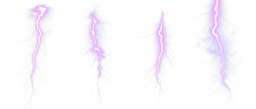 Purple Lightning bolt strike set. Isolated transparent background. Zeus, God, Jupiter, Thor, mythology concepts. Shock and energy glow. Fractal light burst flair. Fantasy glowing transparent PNG. 