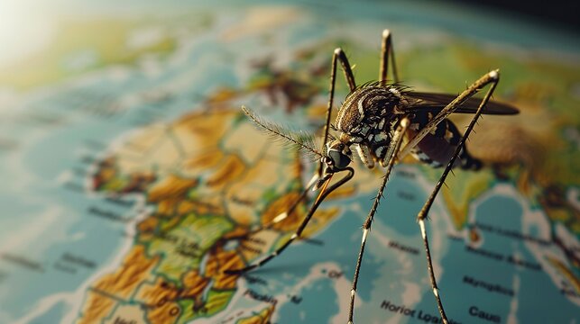 Mosquito Against a Backdrop of a World Map. Global Vector-borne Disease Concept.