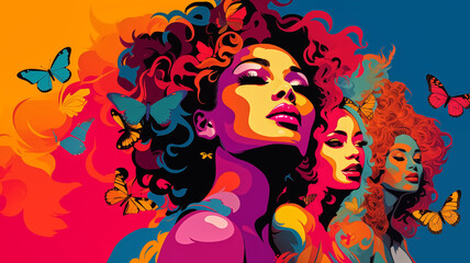 Vibrant pop art illustration featuring beautiful women with flowing hair and fluttering butterflies on a warm background.
