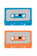 Obraz premium Close-up of an audio cassette with a white sticker without text. Analog storage medium. Cassettes for audio recordings and music.