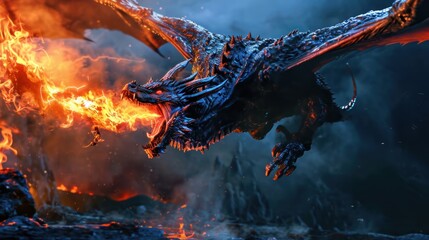 Angry evil dragon with red eyes spitting fire flames. - obrazy, fototapety, plakaty
