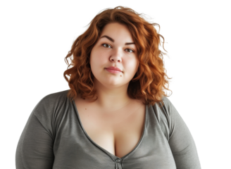 Excited plus size woman smiling, feeling positive emotions on transparent background