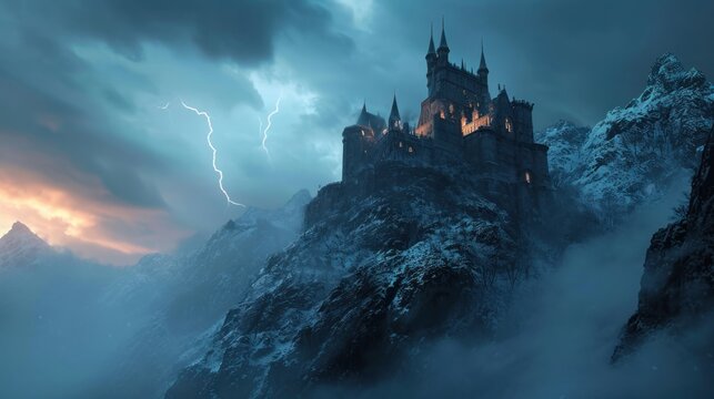 A castle on mountain top with lightning bolt and snow.