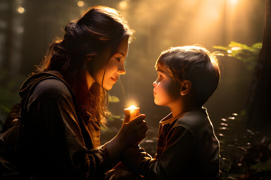 Mãe e filho conversam, frente a frente, com luz de vela.
ilustração gerada com ia