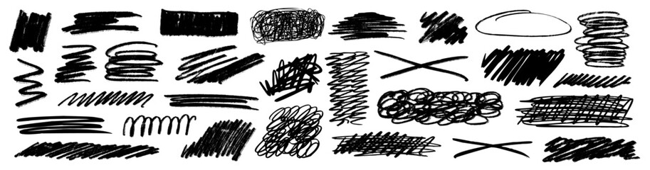 Grunge scrawls, charcoal scribbles, rough brush strokes, underlines and circles. Bold charcoal freehand stripes and ink shapes. Crayon or marker scribbles. Vector illustration - 759115523