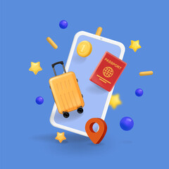 Luggage yellow, passport and map point on mobile screen. Online booking, buying travel tickets online, Tourism concept. 3d vector - 759115529
