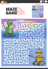 maze activity with cartoon robots or droids characters