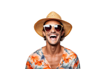 Portrait happy man with summer holiday beach outfits isolated on transparent background for realax at beach on vacation, travel and holidays vacation concept.