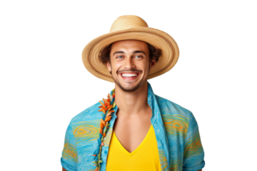 Portrait happy man with summer holiday beach outfits isolated on transparent background for realax at beach on vacation, travel and holidays vacation concept.