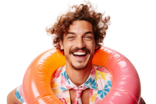 Portrait happy man with summer holiday beach outfits isolated on transparent background for realax at beach on vacation, travel and holidays vacation concept.
