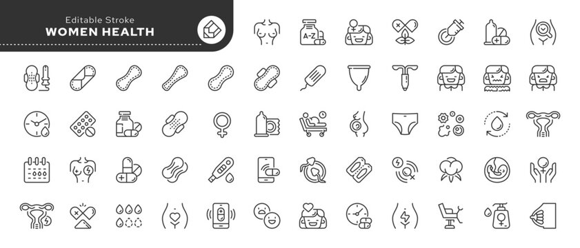 Set of line icons in linear style. Series - Women's health, menstrual cycle, menses. Outline icon collection. Conceptual pictogram and infographic.