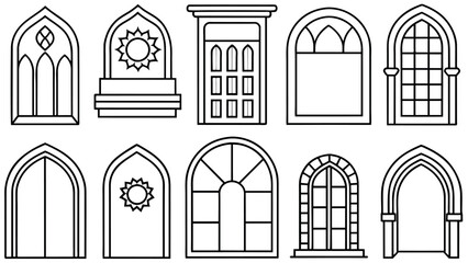 Set of vector Islamic door and window shapes. Arabic vintage arch windows and doors in traditional silhouettes. Oriental architecture elements template of eastern door. Vector illustration
