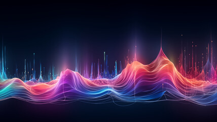 Digital artwork of a dynamic abstract sound wave visualization with vibrant colors on a dark background, representing audio and rhythm.
 - obrazy, fototapety, plakaty
