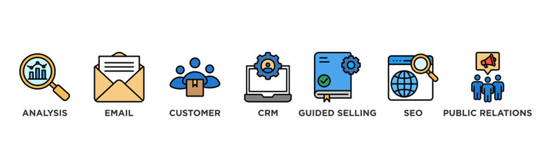 Inbound marketing banner web icon vector illustration concept with icon of analysis, email, customer, crm, guided selling, seo and public relations