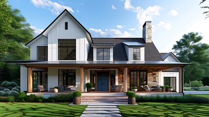 a visual concept of a welcoming modern farmhouse with a covered porch, wood blue front door, and glass window