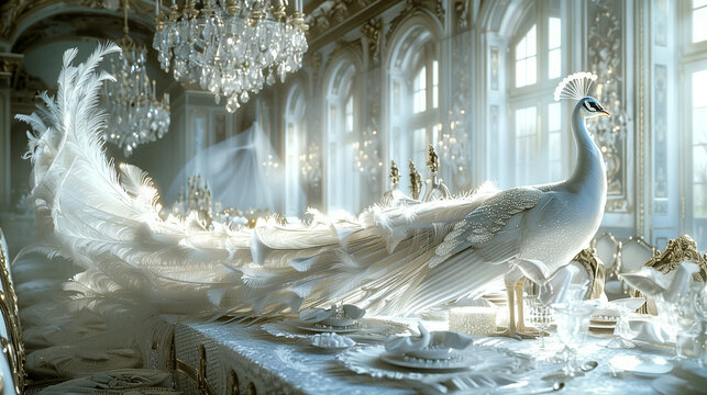 A regal white peacock spreads its impressive feathered tail across a lavish, sunlit banquet hall