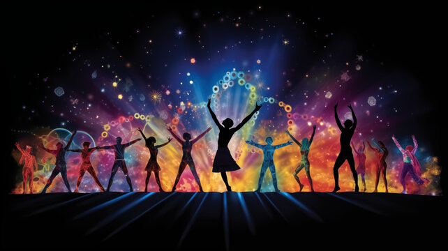 Silhouettes of people celebrating, with arms raised, against a cosmic backdrop filled with stars, nebulas, and vibrant light effects.
