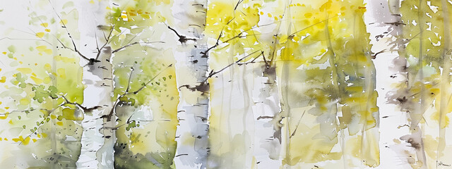 Watercolor painting inspired by the beauty of birch trees in spring. Fluidity of watercolors to bring these trees to life on paper. - 759116731