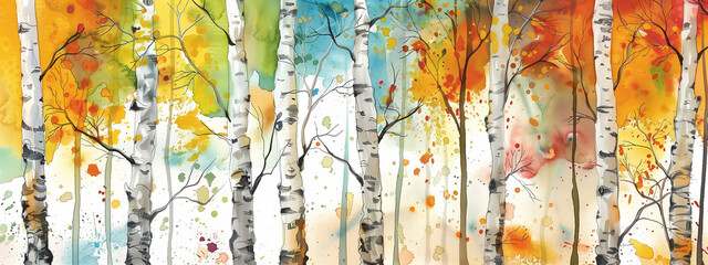 Watercolor painting inspired by the beauty of birch trees in autumn. Vibrant colors in red and orange - 759116740