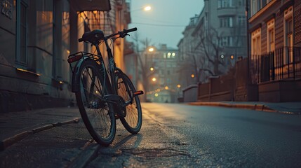 A black bike sits at the end of a quiet street, surrounded by urban stillness, evoking a sense of solitude and urban contemplation