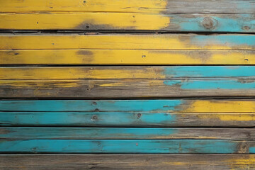 Obraz premium yellow and turquoise painted and black and brown old dirty weathered outdoor wood wall wooden plank board texture background with grains and structures