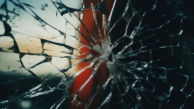 A broken glass window with a red object inside. Suitable for concepts of vandalism or break-in incidents.