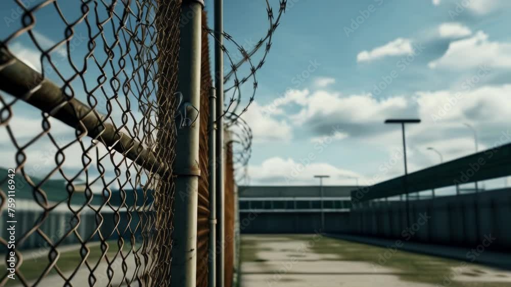 Poster Image of a chain link fence with barbed wire for security purposes. Suitable for illustrating restricted access areas.