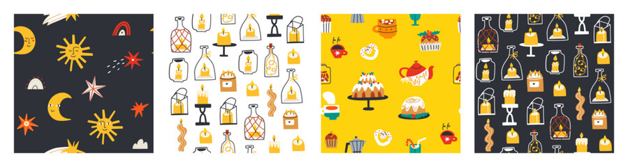 A set of patterns with Christmas motifs. Christmas, holiday, Christmas trees. Vector illustration in flat style.