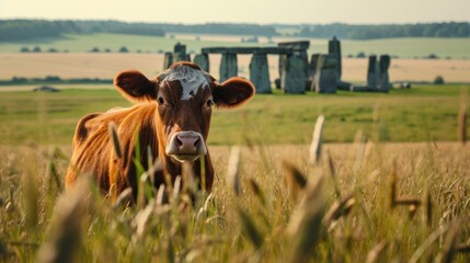 cow at famous Stonehenge ancient mystery site in England UK.