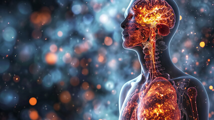 A conceptual art piece highlighting the human body's network systems with a glowing brain, spine, and heart, against a bokeh light background.
