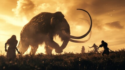 Hunting scene of a team of primitive cavemen attacking a giant mammoth in wild field. - 759116997