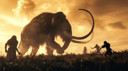 Foto auf Glas Hunting scene of a team of primitive cavemen attacking a giant mammoth in wild field. © rabbit75_fot