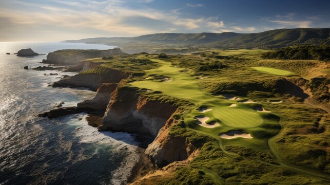 A mesmerizing view of a lush golf course bordered by the vast blue ocean