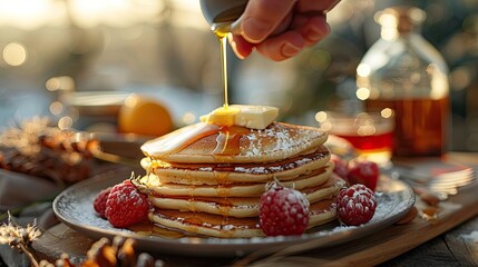 A person pours honey on delicious pancakes. - obrazy, fototapety, plakaty
