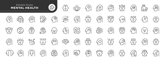 Set of line icons in linear style.Series-Mental health, psyche and psychology. Depression, panic, schizophrenia, dementia, stress, psychological disorders. Outline icon collection.Conceptual pictogram - obrazy, fototapety, plakaty