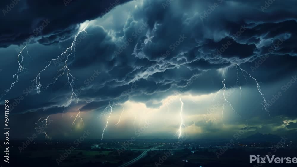 Poster a large cloud filled with lightning, perfect for weather or natural disaster concepts.