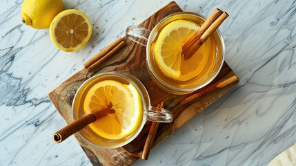 Drink with tea, lemon and cinnamon, with fruit slices in the glass, on a wooden tray, top view.