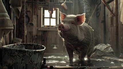 pig taking a shower on a dirty bathroom. - obrazy, fototapety, plakaty